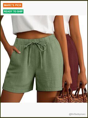 Women's Linen Drawstring Shorts with Side Split and Pockets, Comfy Lounge Wear